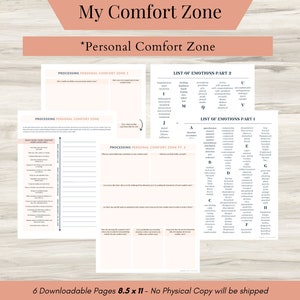 Könnte beinhalten: Sechs druckbare Arbeitsblätter zur Bearbeitung Ihrer persönlichen Komfortzone. Die Arbeitsblätter enthalten Aufforderungen und Listen von Emotionen, die Ihnen helfen, Ihre Komfortzone zu identifizieren und zu verstehen. Die Arbeitsblätter sind 8,5 x 11 Zoll groß.
