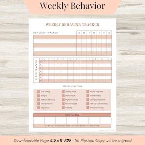 Könnte beinhalten: Ein druckbarer wöchentlicher Verhaltenstracker mit Abschnitten für Schlaf, Stresssymptome und eine tägliche Bewertung. Der Tracker hat einen pfirsichfarbenen Hintergrund mit braunen Linien und Text.