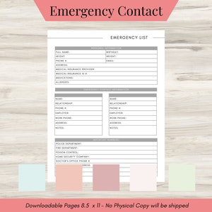 Emergency Contact List, Emergency Contact Sheet, Emergency Kit Template, Emergency Contact Card, Emergency Contact- Downloadable
