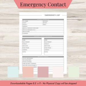 Emergency Contact List, Emergency Contact Sheet, Emergency Kit Template, Emergency Contact Card, Emergency Contact- Downloadable