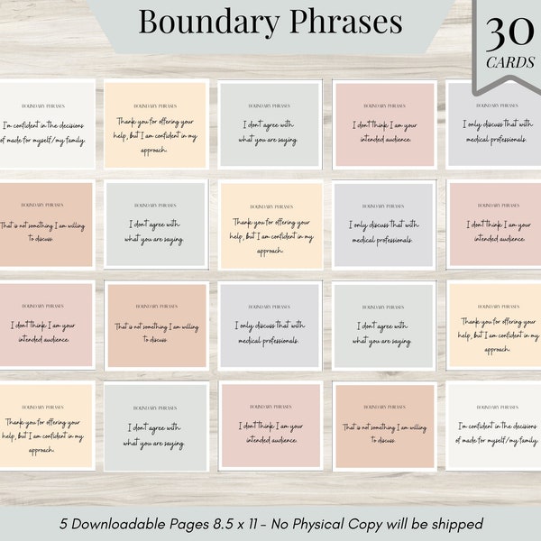 30 Boundary Phrases, Boundaries Journal, Boundary Setting Tools, Therapy Tool, Mental Health Flashcards, Boundary Journal, Boundary Posters