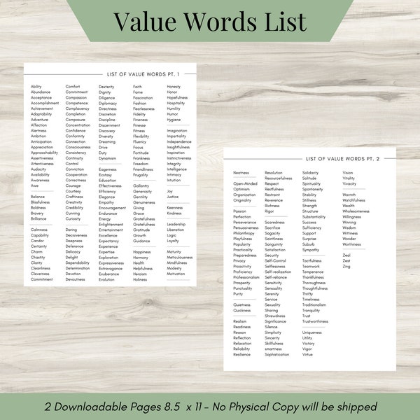 Value Words List, Emotions List, Mental Health, Feelings list, Mood Tracker, Self Care, Therapy, Depression, Anxiety, Printable- Digital PDF