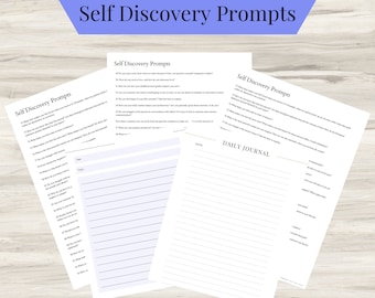 May include: A set of printable self-discovery journal pages with prompts for self-reflection and a daily journal section. The pages are designed for personal growth and self-awareness.