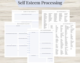 Self Esteem Processing Journal Pages for daily self care, mental health, & emotion list, breakdown worksheets Thought Processing -download