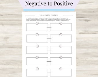 Negative to Positive Mental Health Therapy Sheet, Thought Challenging , Challenging Automatic Thoughts, Negative to Positive Self-talk, PDF