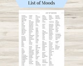 List of Mood Words, Emotion Words, Mood Tracker, Self-Care Tracker, Daily Emotion, Daily Mood Check-in Log, List of Moods, Therapy Tools