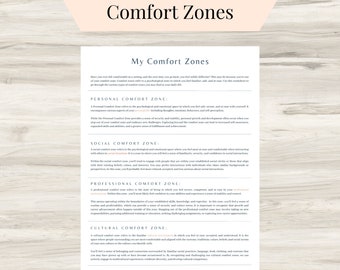 May include: A white printable worksheet titled "Comfort Zones" with text describing personal, social, professional, and cultural comfort zones. The worksheet is 8.5 x 11 inches.