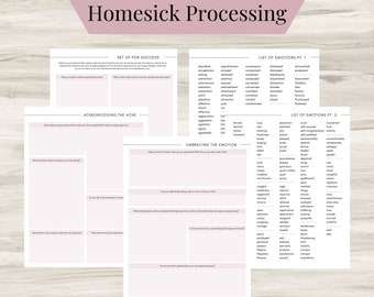 Homesickness Processing Journal Pages, Daily self care, Mental health, Emotion List with breakdown worksheets, Thought Processing -PDF