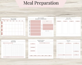 Planification numérique de repas, assistant de planification, agenda hebdomadaire, objectifs de santé, assistant de perte de poids, préparation de repas, liste de courses - téléchargement de 6 pages
