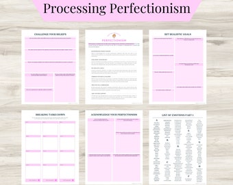 May include: Printable worksheet set with pink background and black text. The worksheets are titled "Processing Perfectionism", "Challenge Your Beliefs", "Perfectionism", "Set Realistic Goals", "Breaking Tasks Down", "Acknowledge Your Perfectionism", and "List of Emotions Part 1".