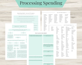 May include: A printable worksheet with a light green background and black text. The worksheet is titled "Processing Spending" and includes sections for "Spending Habit Journal Prompts", "Should I Buy It?", "The Value of My Money", and "List of Emotions".
