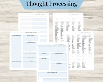 Thought Processing Journal Pages for daily self care, mental health, and emotion list with breakdown worksheets -downloadable