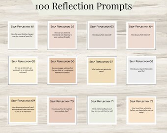 May include: A set of 12 printable cards with prompts for self-reflection. The cards are beige, light pink, and light blue with black text. The text on the cards includes prompts such as "How has your identity changed over the course of your life?" and "What makes you genuinely happy?"
