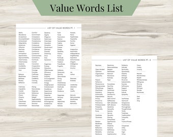 Value Words List, Emotions List, Mental Health, Feelings list, Mood Tracker, Self Care, Therapy, Depression, Anxiety, Printable- Digital PDF