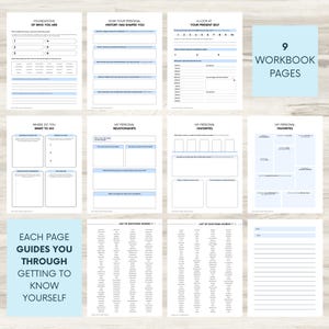 May include: Nine printable workbook pages with blue accents and text that says "Foundations of Who You Are", "How Your Personal History Has Shaped You", "A Look at Your Present Self", "Where Do You Want To Go", "My Personal Relationships", "My Personal Favorites", "My Personal Favorites", "List of Emotions Words Pt. 1", "List of Emotions Words Pt. 2", and "Notes". The text "Each Page Guides You Through Getting To Know Yourself" is in a blue box at the bottom of the page.