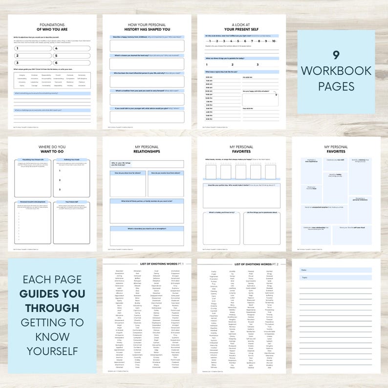 May include: Nine printable workbook pages with blue accents and text that says "Foundations of Who You Are", "How Your Personal History Has Shaped You", "A Look at Your Present Self", "Where Do You Want To Go", "My Personal Relationships", "My Personal Favorites", "My Personal Favorites", "List of Emotions Words Pt. 1", "List of Emotions Words Pt. 2", and "Notes". The text "Each Page Guides You Through Getting To Know Yourself" is in a blue box at the bottom of the page.
