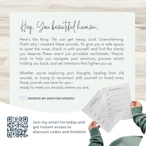 May include: A white background with text that reads "Hey, You beautiful human." The image also includes text about journals and printable worksheets. A hand is holding a worksheet with the title "Individual Problem Solving."