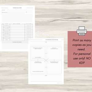 May include: A printable worksheet titled "Fear Evaluator" with two sections: "Trigger" and "Elements of My Fear". The "Trigger" section is a table with columns for "Trigger", "Personal Description", and "Rate of Severity". The "Elements of My Fear" section is a grid with four quadrants for analyzing fear.