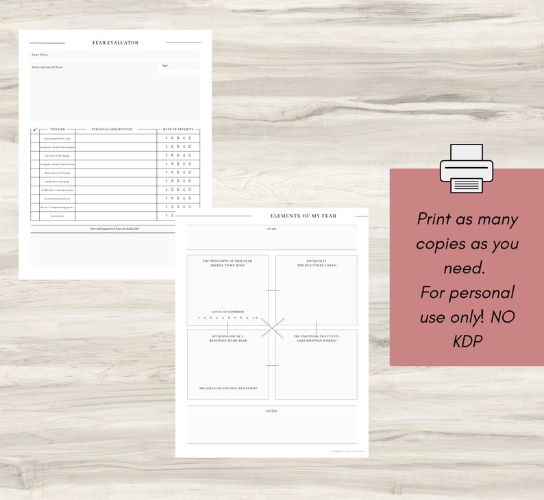 May include: A printable worksheet titled "Fear Evaluator" with two sections: "Trigger" and "Elements of My Fear". The "Trigger" section is a table with columns for "Trigger", "Personal Description", and "Rate of Severity". The "Elements of My Fear" section is a grid with four quadrants for analyzing fear.
