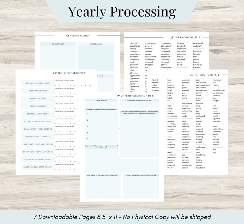 May include: A printable worksheet for yearly processing, with sections for personal development, personal choices, physical health, mental health, spiritual well-being, relationships with family, relationships with friends, romantic relationships, investments towards future, extra curricular activities, career & volunteer goals, savings & financial health, and a list of emotions. The worksheet is on a light blue background with white text.