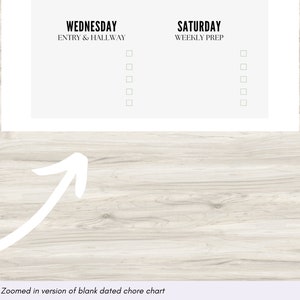 May include: A blank chore chart with the headings "WEDNESDAY ENTRY & HALLWAY" and "SATURDAY WEEKLY PREP". The chart has a list of blank checkboxes under each heading.
