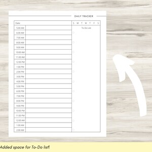 May include: A printable daily tracker with a to-do list and a time schedule from 5:00 AM to 2:00 AM. The tracker has a space for the day of the week and a section for a to-do list.