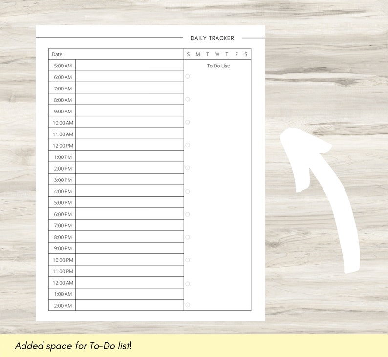 May include: A printable daily tracker with a to-do list and a time schedule from 5:00 AM to 2:00 AM. The tracker has a space for the day of the week and a section for a to-do list.