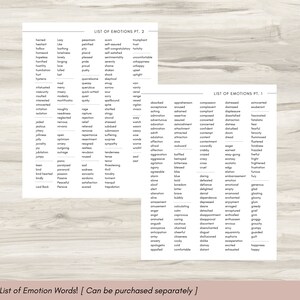 May include: Two white printed sheets with lists of emotion words. The text "List of Emotions Pt. 1" and "List of Emotions Pt. 2" are at the top. The text "List of Emotion Words! [Can be purchased separately ]" is at the bottom.