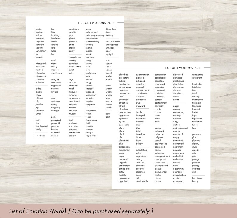 May include: Two white printed sheets with lists of emotion words. The text "List of Emotions Pt. 1" and "List of Emotions Pt. 2" are at the top. The text "List of Emotion Words! [Can be purchased separately ]" is at the bottom.