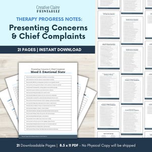 Könnte beinhalten: Ein 21-seitiges digitales Dokument für Therapie-Fortschrittsnotizen mit dem Titel Presenting Concerns & Chief Complaints. Die Seiten enthalten strukturierte Listen zu Stimmung, emotionalem Zustand und Symptomen im PDF-Format 21,59 x 27,94 cm.