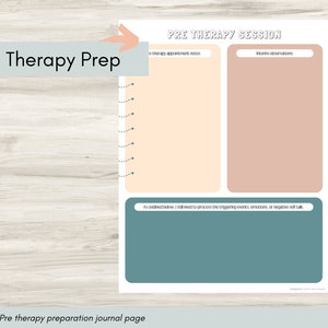 May include: A printable therapy prep journal page with the title "PRE THERAPY SESSION". The page is divided into three sections: "Therapy Appointment Notes", "Interim Observations", and "As outlined below, I still need to process the triggering events, emotions, or negative self talk."