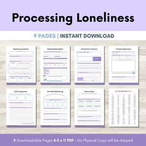 Può includere: Un download digitale intitolato "Processing Loneliness" con nove pagine. Le pagine sono bianche con accenti viola e contengono suggerimenti per l'autoriflessione. Il testo include "Exploring Loneliness", "Understanding Roots" e "Creative Expression".