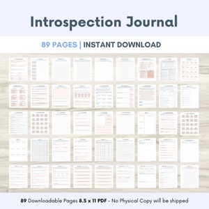 May include: A digital download of an "Introspection Journal" with 89 pages. The journal pages are displayed in a grid, featuring a variety of templates with pink and gray accents. Text includes "Introspection Journal" and "89 PAGES | INSTANT DOWNLOAD".