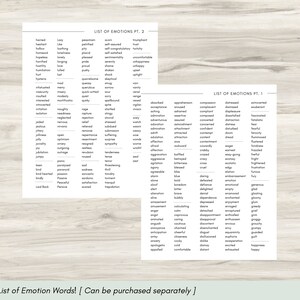 May include: Two black and white printable lists of emotion words. The first list includes words like acceptance, apprehensive, and compassionate. The second list includes words like hamed, lazy, and pessimism.