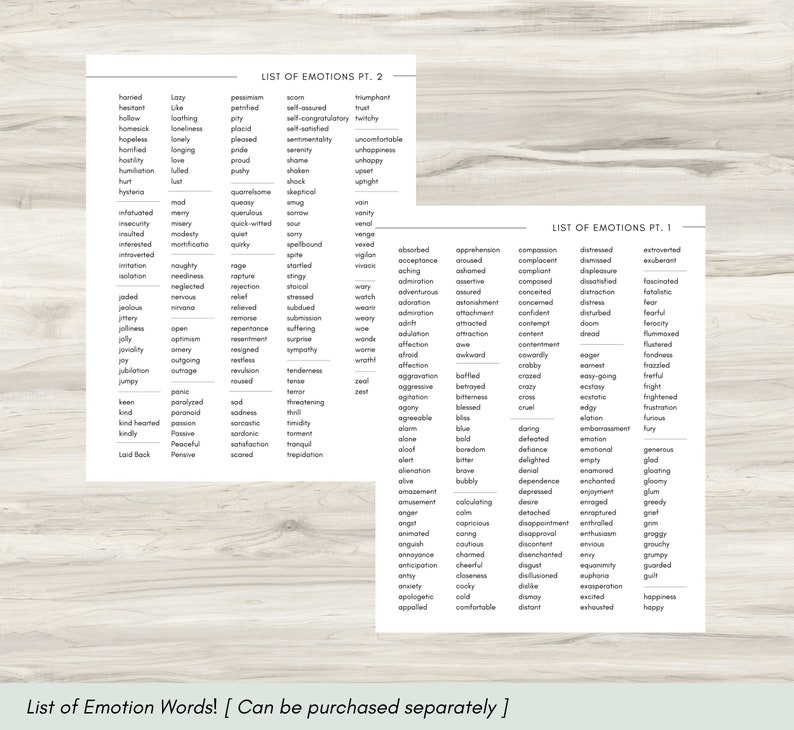 May include: Two black and white printable lists of emotion words. The first list includes words like acceptance, apprehensive, and compassionate. The second list includes words like hamed, lazy, and pessimism.