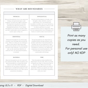 May include: A printable worksheet with the title "What are Boundaries?"  The worksheet is divided into six sections: Physical, Emotional, Intellectual, Sexual, Material, and Time. Each section defines and explains the importance of setting boundaries in different areas of life. The worksheet is designed for personal use only.