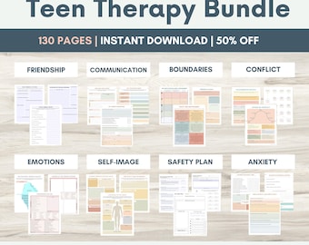 May include: A Teen Therapy Bundle with 130 downloadable pages. The image displays various worksheets addressing topics like friendship, communication, boundaries, conflict, emotions, self-image, safety plan, and anxiety. The text indicates an instant download of 8.5 x 11 PDF files.