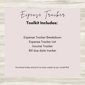 Puede incluir: Un kit de seguimiento de gastos imprimible de color rosa con el texto "Expense Tracker Toolkit Includes:" y una lista de los elementos incluidos: Expense Tracker Breakdown, Expense Tracker List, Income Tracker, Bill due date tracker. El texto "Download today and print as many copies as you would like!" se encuentra en la parte inferior de la p&aacute;gina.