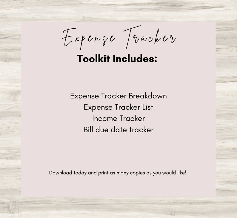 Puede incluir: Un kit de seguimiento de gastos imprimible de color rosa con el texto "Expense Tracker Toolkit Includes:" y una lista de los elementos incluidos: Expense Tracker Breakdown, Expense Tracker List, Income Tracker, Bill due date tracker. El texto "Download today and print as many copies as you would like!" se encuentra en la parte inferior de la p&aacute;gina.