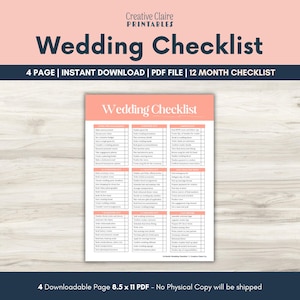 May include: A downloadable wedding checklist in a pink and white design. The checklist includes sections for tasks like booking vendors, sending invitations, and planning the ceremony. The text "Wedding Checklist" is displayed at the top.