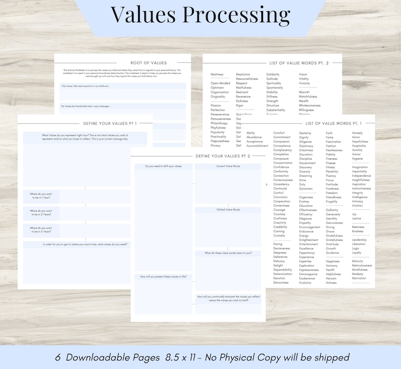 May include: A printable worksheet for defining personal values. The worksheet includes a list of values, questions to help you define your values, and space to write down your answers. The worksheet is designed to help you identify your core values and how they impact your life.