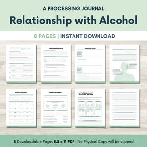 以下が含まれることがあります： 「Relationship with Alcohol」というタイトルのデジタル処理ジャーナルで、8ページを即座にダウンロードできます。このジャーナルには、アルコール使用、トリガー、パターン、および個人的な価値観に関する自己反省のためのプロンプトが含まれています。ページサイズは21.6 x 27.9 cmです。