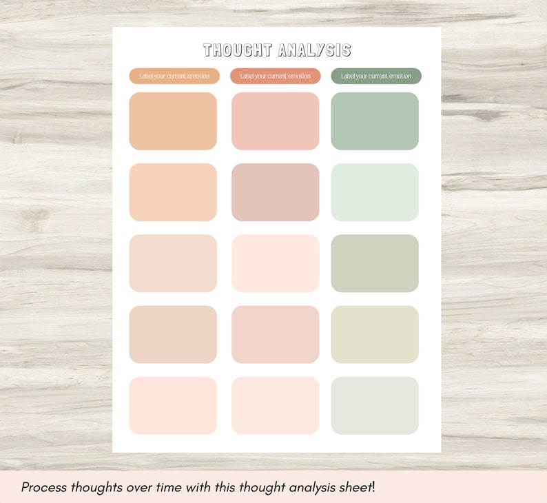 May include: A printable thought analysis sheet with 15 boxes for journaling. The boxes are labeled "Label your current emotion" and are in shades of peach, pink, and green.