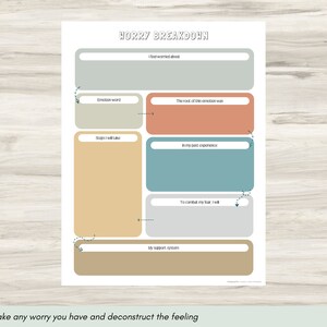 May include: A printable worksheet titled "Worry Breakdown" with sections for identifying the source of worry, the emotion it evokes, steps to take, past experiences, and support systems.