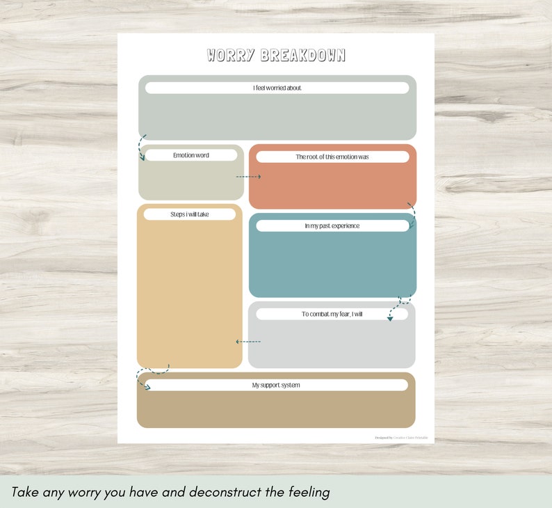 May include: A printable worksheet titled "Worry Breakdown" with sections for identifying the source of worry, the emotion it evokes, steps to take, past experiences, and support systems.