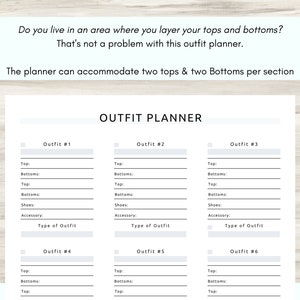 May include: A printable outfit planner with six sections for planning outfits. Each section has spaces to list tops, bottoms, shoes, accessories, and a type of outfit.