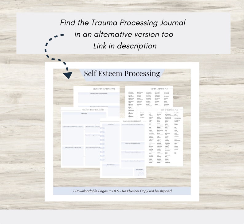 May include: A printable self-esteem processing journal with seven pages. The journal includes sections for daily affirmations, a list of emotions, and a self-evaluation.