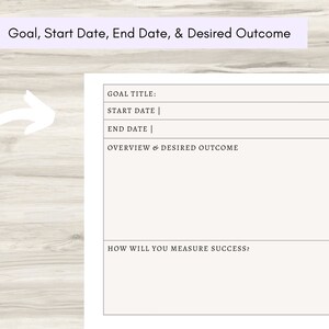 May include: A printable goal setting worksheet with sections for goal title, start date, end date, overview and desired outcome, and how to measure success.