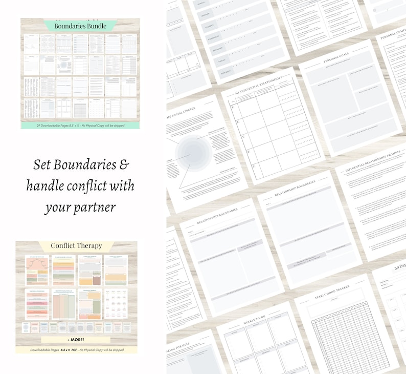 May include: A printable set of worksheets for setting boundaries and handling conflict in relationships. The worksheets are titled "Boundaries Bundle", "Set Boundaries & handle conflict with your partner", and "Conflict Therapy".