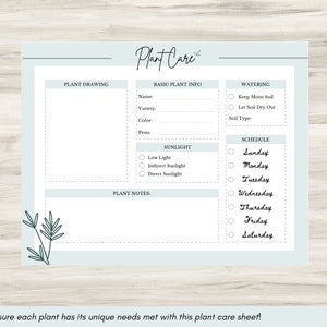 May include: A printable plant care sheet with sections for plant drawing, basic plant info, sunlight, watering, and a schedule. The sheet has a light blue background with a green plant illustration.